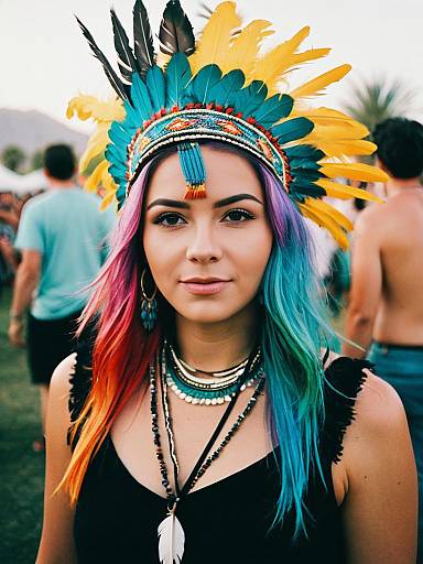 Coachella Rave Woman with Feather Headdress