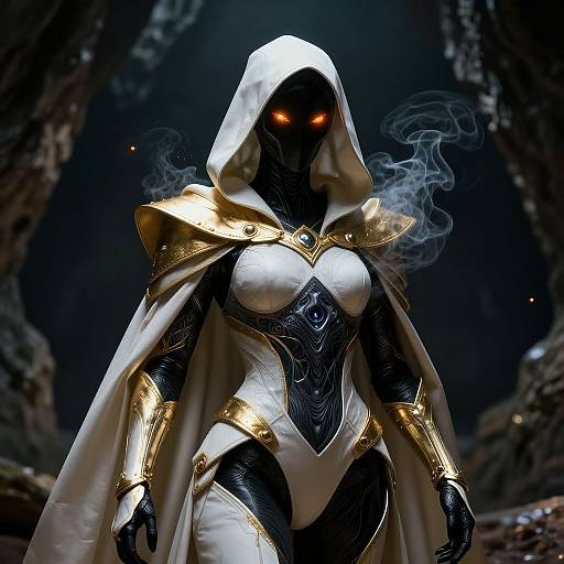 Digital art of a dark-skinned, glowing orange-eyed female figure in white and gold hooded armor, with smoke and rocky background.