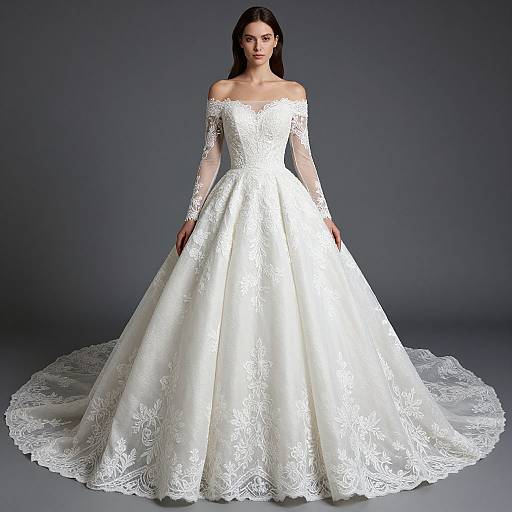 Photograph of a brunette woman in an off-shoulder, long-sleeve, white lace wedding gown with a full skirt and trailing train,