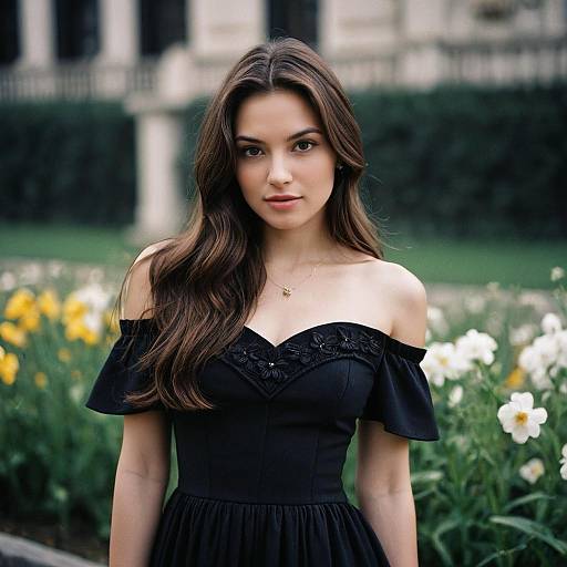 Young Woman in Black Off-Shoulder Dress Outdoors