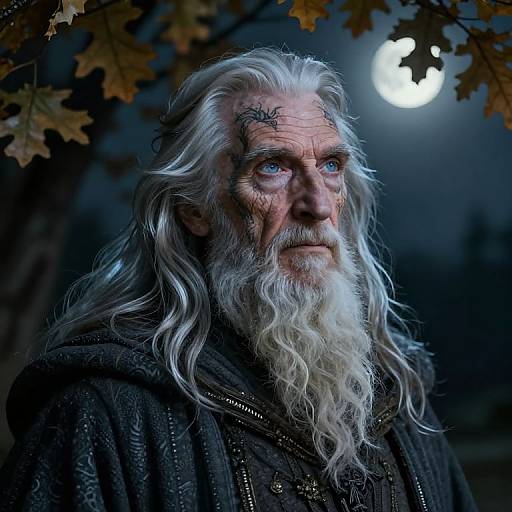 Photograph-like CGI of an elderly, white-haired man with a long beard, wearing dark, textured robes, under a moonlit night sky with autumn