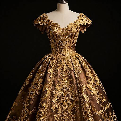 Photograph of a baroque-style, brown and gold embroidered ball gown on a mannequin, with intricate floral patterns and puffed sleeves against a