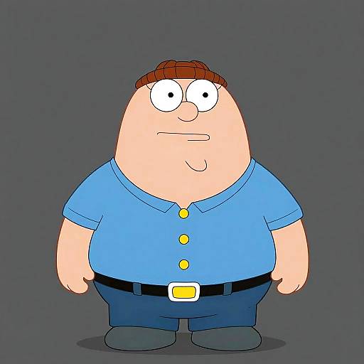 Cartoon image of a chubby, bald man with a red beanie, blue shirt, yellow buttons, blue pants, black belt, and grey background