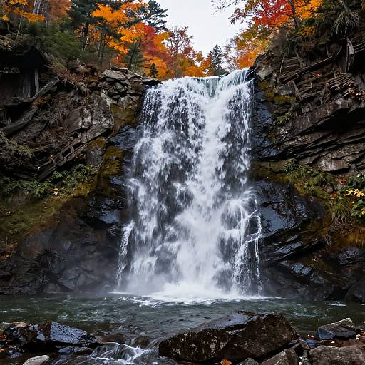 Photograph of a cascading waterfall surrounded by rocky cliffs and vibrant autumn trees with orange and red leaves.
