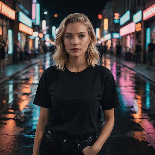 Blonde Woman in Black T-Shirt on Neon Cyberpunk Street