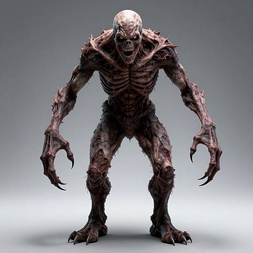 CGI image of a terrifying, muscular, humanoid monster with a bald head, sharp claws, and a menacing open-mouthed snarl against a gradient