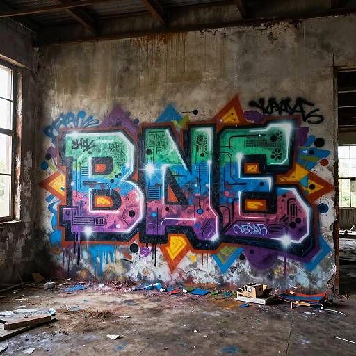 Vibrant graffiti on a weathered, abandoned building wall with 