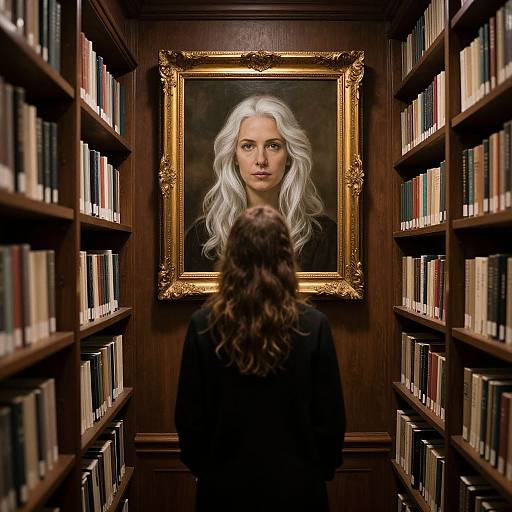 Photograph of a woman with long white hair in an ornate gold frame, staring ahead in a narrow, wooden library aisle with bookshelves on