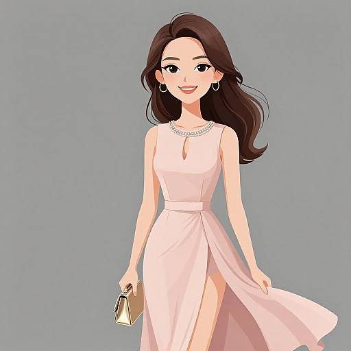 Digital illustration of an elegant Asian woman with long dark hair, wearing a pink sleeveless dress, holding a gold clutch, against a gray background. She