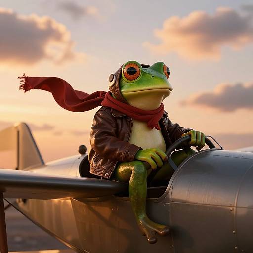Confident Frog Pilot in Vintage Biplane