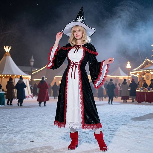 Photograph of a blonde woman in a black and white witch costume with red trim, red boots, and a pointed hat, standing on a snowy fair