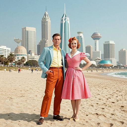 Photograph of a 1950s-style couple on a sunny beach; man in blue blazer, yellow shirt, orange pants; woman in pink