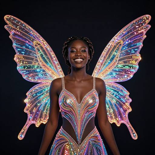 Photograph of a smiling Black woman with glowing, multicolored, sequined fairy wings and a matching dress against a black background.