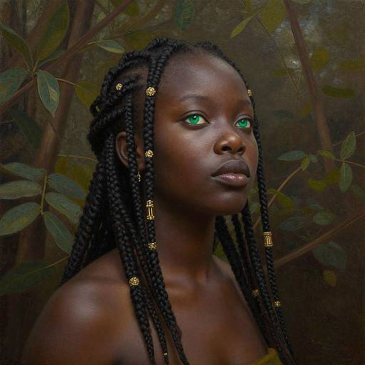 Photograph of a dark-skinned woman with vivid green eyes, long black braids adorned with gold beads, against a forest backdrop.