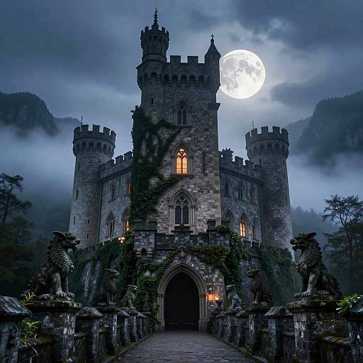 Photograph of a gothic, moonlit stone castle with turrets, illuminated windows, fog, and lion statues flanking a stone pathway.