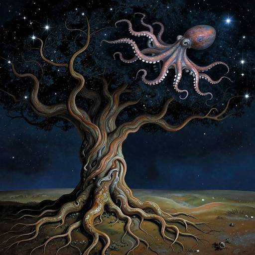 Fantastical digital painting of a gnarled tree with twisting roots, under a starry night sky, with a glowing, pink octopus floating