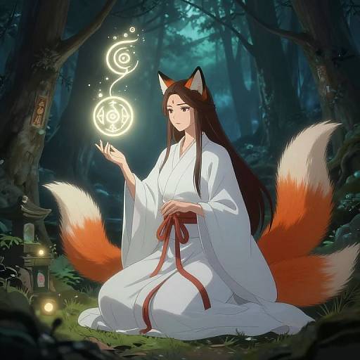 Digital anime-style illustration of a fox-girl with long brown hair, white kimono, and red ribbons, sitting in a dark, enchanted forest,