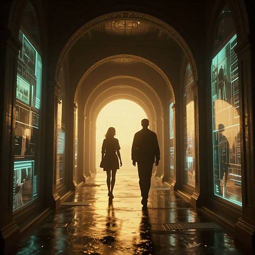 Cyberpunk Corridor with Reflective Arches