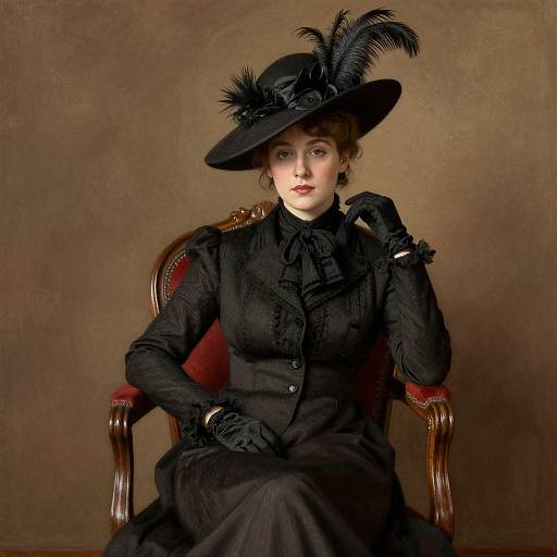 Photograph of a Victorian-era woman in black dress, gloves, and feathered hat, seated on a red-cushioned wooden chair, against a