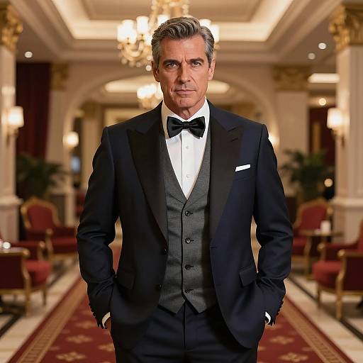 Elegant Middle-Aged Man in Formal Suit in Luxury Hotel Lobby