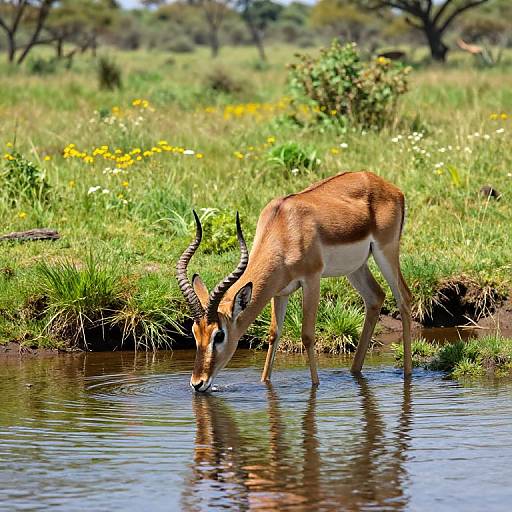 Photograph of a slender, light brown antelope with black markings, drinking from a reflective waterhole in a sunlit, grassy savanna,
