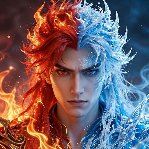 Digital artwork of a fierce, androgynous character with fiery red and icy blue hair, intense gaze, and flames on shoulders, blending fire and