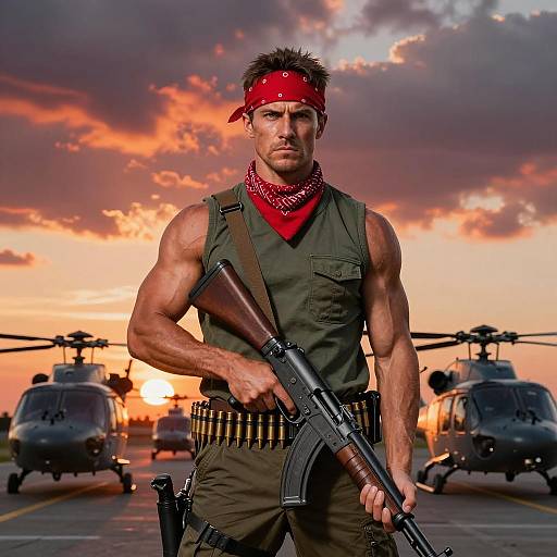 Intense Warrior at Sunset with Helicopters