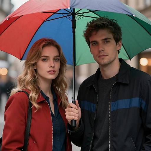 Couple Under a Colorful Umbrella