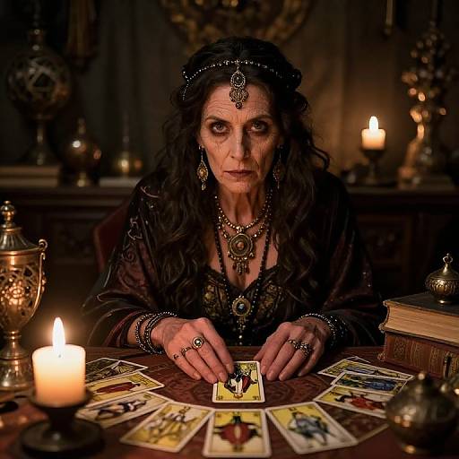 Photograph of a dark-haired woman with ornate jewelry, intense gaze, and gothic attire, laying tarot cards in dim, candlelit room