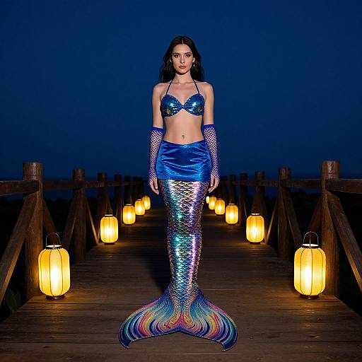 Photograph of a woman in a blue sequined mermaid costume with fishnet gloves, standing on a wooden pier with glowing lanterns at night.