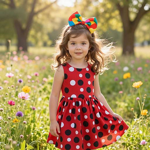 Little Girl in Polka Dot Dress in Flower Meadow