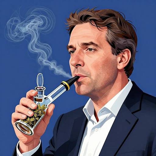Digital illustration of a serious-looking man with short brown hair, wearing a black suit and white shirt, smoking from a glass pipe with blue smoke. Blue
