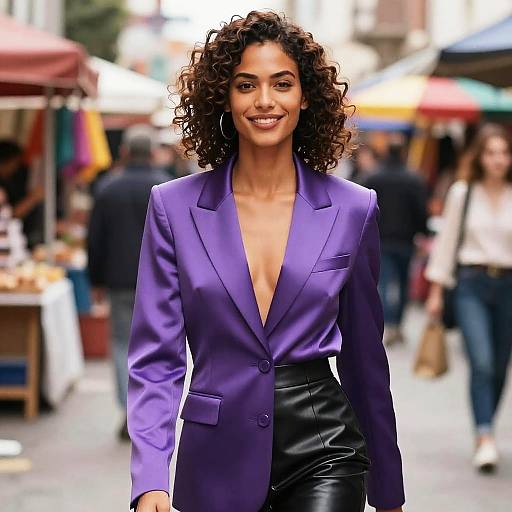 Photograph of a smiling woman with curly hair, wearing a deep purple blazer with a low neckline, black leather pants, walking through a bustling outdoor