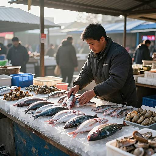 Photograph of an Asian man in a dark jacket, inspecting fresh fish on a snowy market stall, surrounded by other seafood and people in the background