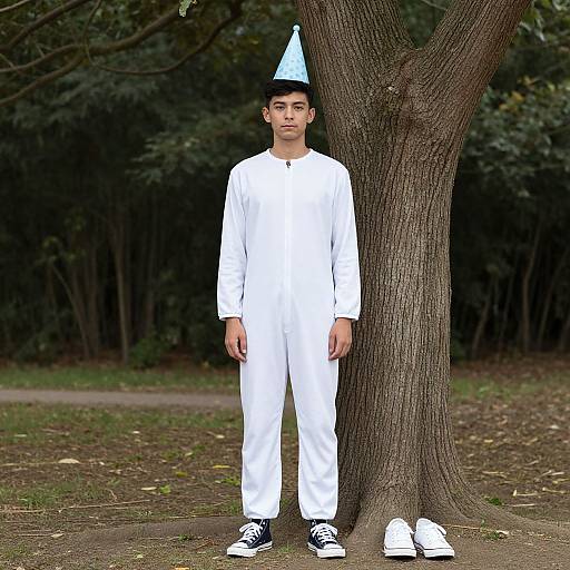 Photograph of a young boy in white traditional attire and a blue party hat, standing against a tree in a park.