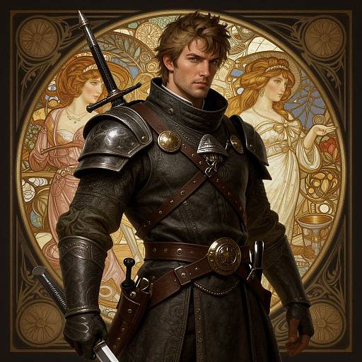 Digital art of a muscular, brown-haired warrior in medieval armor with a sword, standing before two golden-haloed, ethereal women in a stained