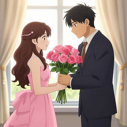 Romantic Anime Couple with Roses