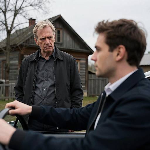 Photograph of a tense scene: older man with gray hair and black shirt stands behind younger man in black jacket, holding steering wheel, in front of