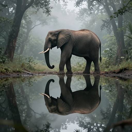 Solitary Elephant in Misty Reflection