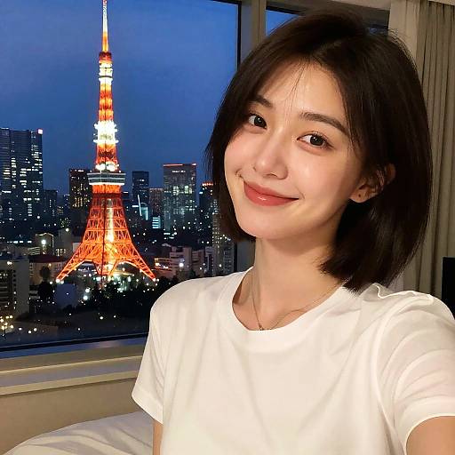 Photograph of an Asian woman with short black hair, smiling, wearing a white shirt, sitting by a window at night with the illuminated Tokyo Tower and
