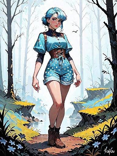 Blue-haired Girl in Polka Dot Outfit in Dark Fantasy Forest