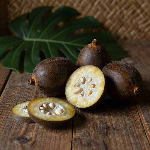 Photograph of three whole and two halved guavas with visible seeds, on rustic wooden table, against wicker background and large leaf.