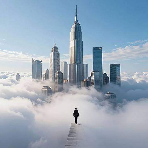 Photograph of a lone figure walking on a cloud-covered walkway towards a towering, blue-sky city skyline with skyscrapers.