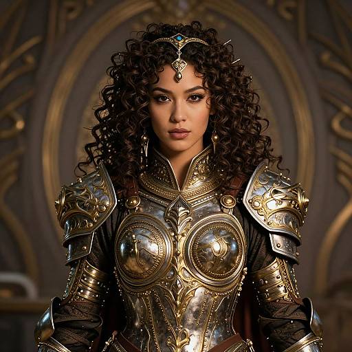 Photograph of a young woman with curly black hair, wearing ornate, reflective medieval armor, standing against a dark, intricately patterned background.