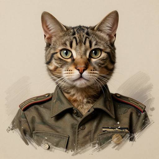 Photorealistic digital portrait of a tabby cat with green eyes, wearing a military-style olive green shirt with red trim, against a white background.