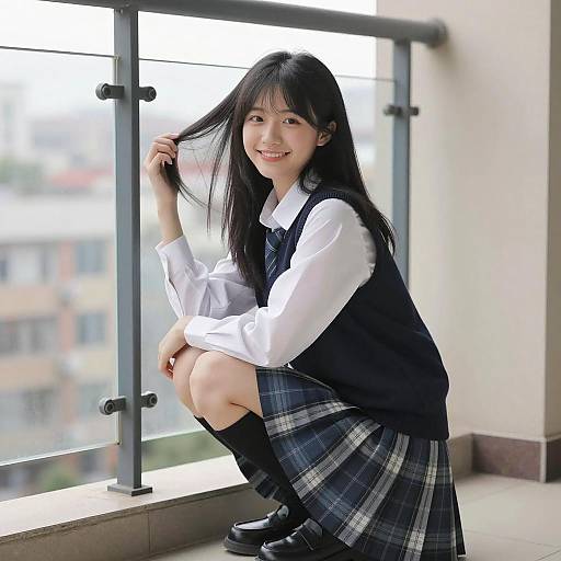 Smiling Young Woman on Balcony