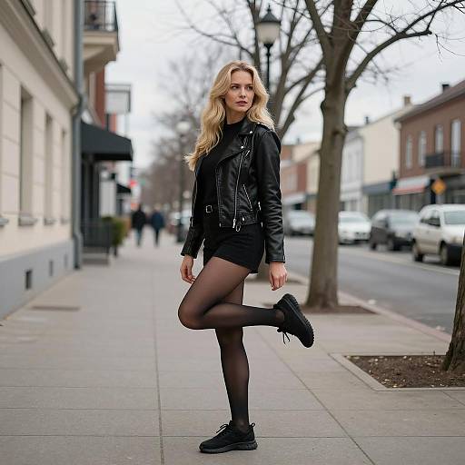 Blonde woman in black leather jacket on city sidewalk