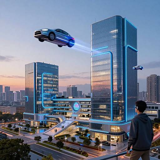 Photorealistic CGI: Futuristic cityscape at dusk with glowing skyscrapers, flying car emitting blue light, and a man in a hoodie watching