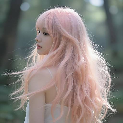 Photograph of an Asian woman with long, wavy, pastel pink hair, wearing a white strap dress, looking over her shoulder in a sun