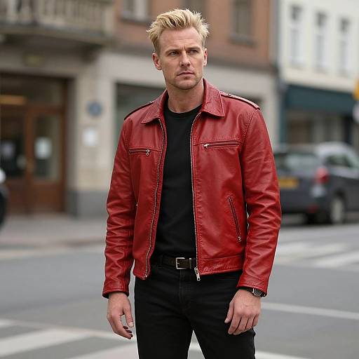 Photograph of a tall, blond man with short hair wearing a red leather jacket, black shirt, and black pants, standing on a city street.